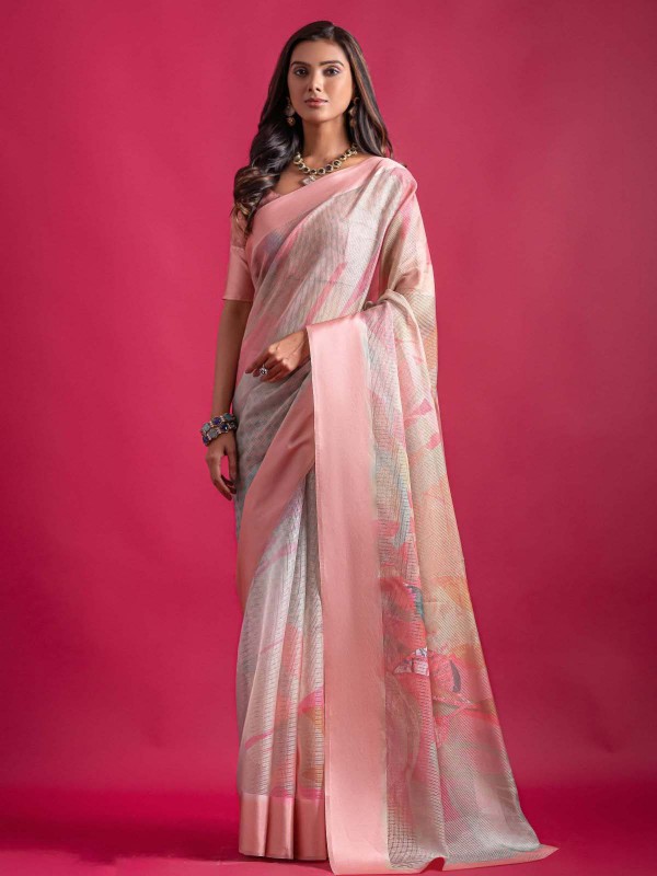 Peach Pink Linen Silk Digital Print Saree